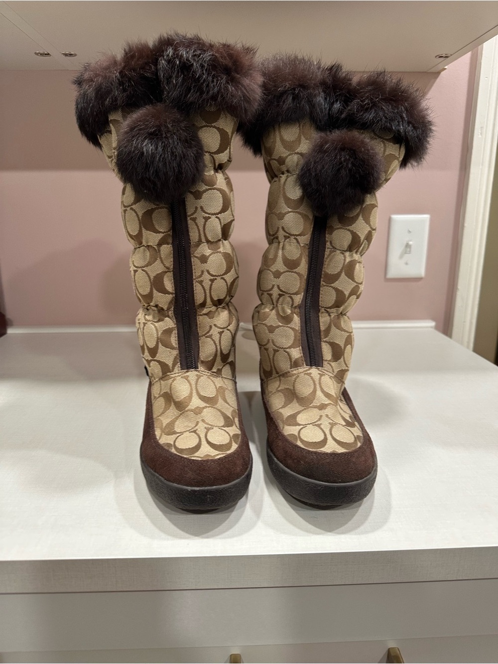 Coach Beige and Brown Signature Logo Winter Boots with Fur Trim